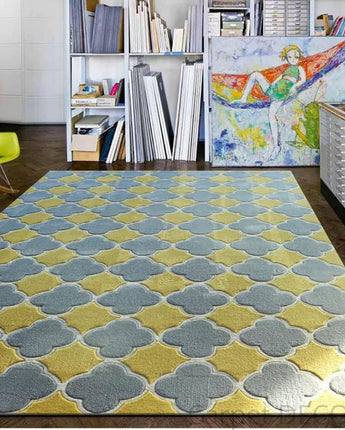 Grey And Yellow Contemporary Hand Made Geometric Carpet