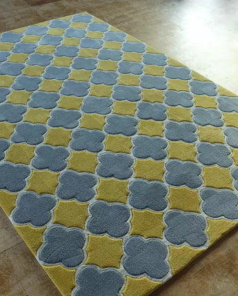 Grey And Yellow Contemporary Hand Made Geometric Carpet